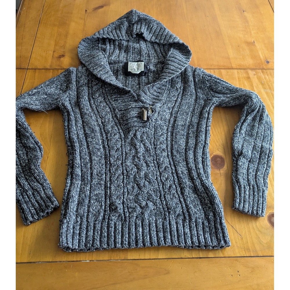 Y2K Old Navy Womens Gray Cable Knit Hooded Sweater Toggle Button Pullover Size M